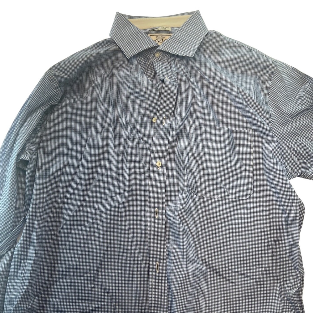 J.S. A. Bank 1905 Mens 17-35 Blue‎ Gingham Stretch Non Iron Tailored Fit Shirt